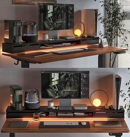 FEZIBO 48 x 24 Inch Height Adjustable Electric Standing Desk with Double Drawers, Stand Up Desk with LED Strips, Sit Stand Desk with Monitor Stand, Blcak Walnut