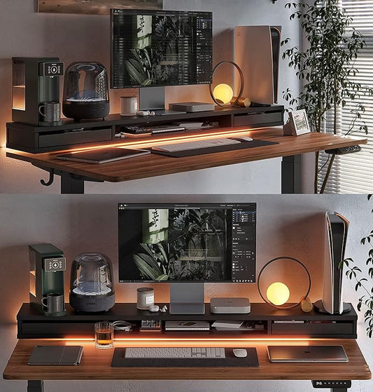 FEZIBO 48 x 24 Inch Height Adjustable Electric Standing Desk with Double Drawers, Stand Up Desk with LED Strips, Sit Stand Desk with Monitor Stand, Blcak Walnut