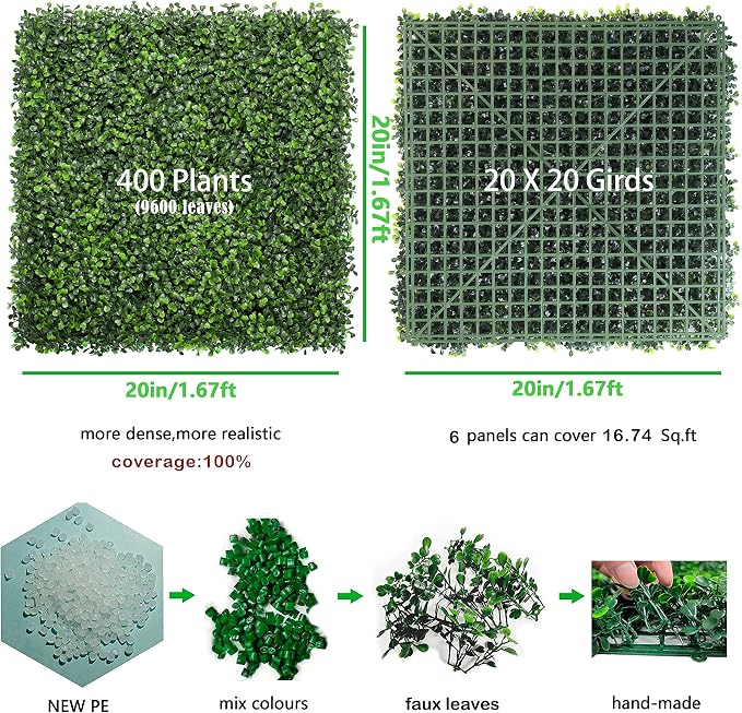Bybeton 6pk 20"x20" Boxwood Grass Wall UV-Anti Privacy Fence Screen | 6pk Dense Boxwood Grass Wall. UV-Anti & Odorless. Easy DIY Snap-Lock. For Fence, Balcony & Garden.