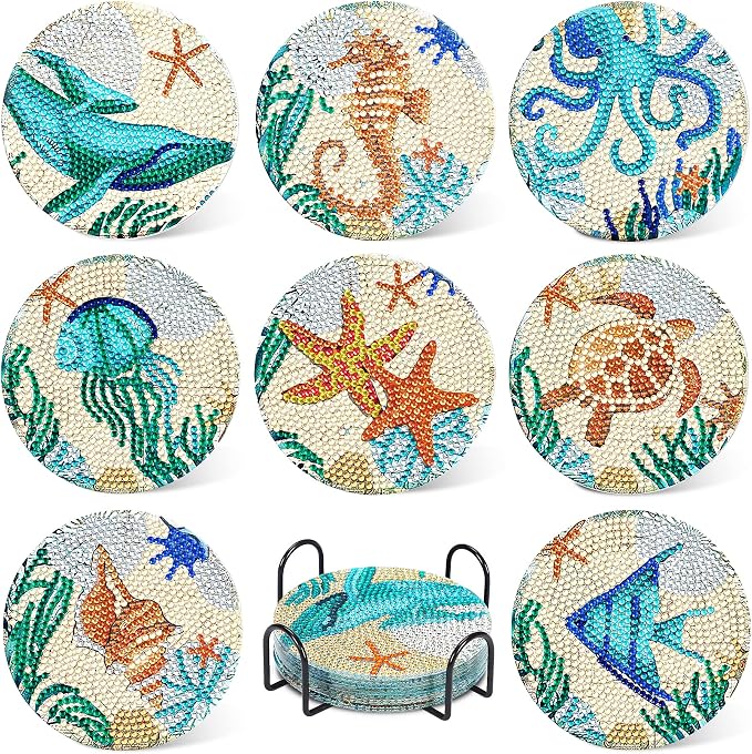 UPINS Ocean Diamond Art Painting Coaster Kit, 8Pcs DIY Crafts Kit with Holder, Non Slip Coaster Art Supplies for Adults, Ideal Christmas Gift