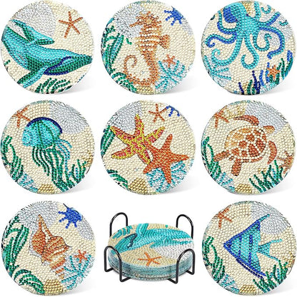 UPINS Ocean Diamond Art Painting Coaster Kit, 8Pcs DIY Crafts Kit with Holder, Non Slip Coaster Art Supplies for Adults, Ideal Christmas Gift