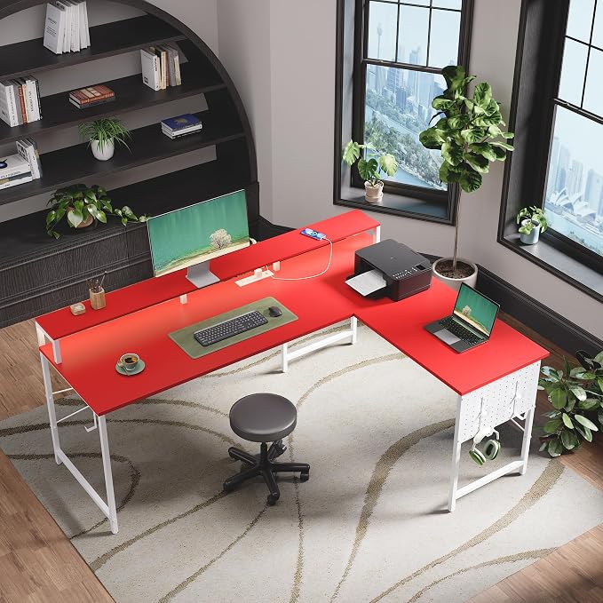 Pamray 64 Inch L Shaped Gaming Desk with Monitor Stand and Power Outlets | Large Corner Computer Desk With Pegboard & Led Lights USB Charging Ports for Home Office Study and Writing Bedroom and Dorms