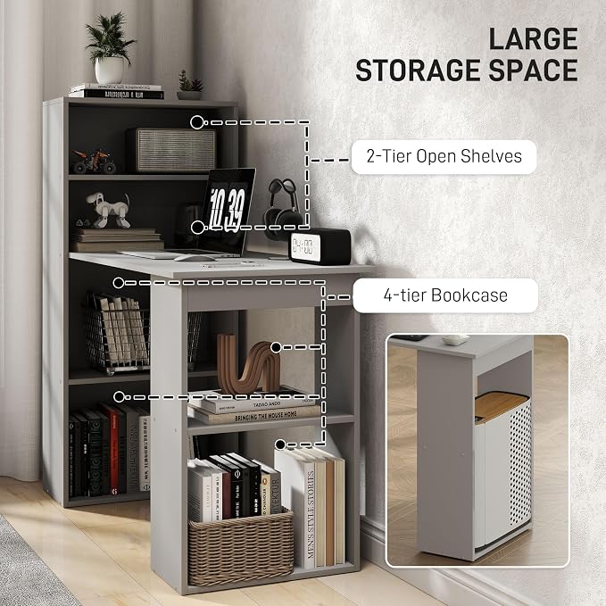 HOMCOM Modern Home Office Desk with 6-Tier Storage Shelves, 47", Gray | Writing Desk, Bookshelf