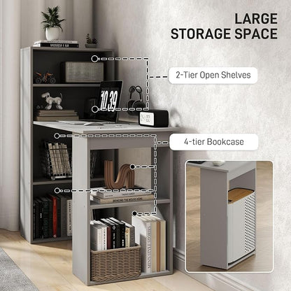 HOMCOM Modern Home Office Desk with 6-Tier Storage Shelves, 47", Gray | Writing Desk, Bookshelf