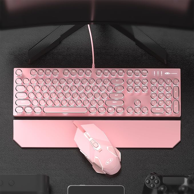 Retro Pink Typewriter-Style Keyboard and Mouse Combo, Cute Light Up Wired Mechanical Keyboard with Linear Red Switches, Full Size for Gaming, Work, Mac, PC, Windows