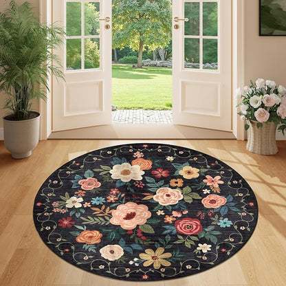 DUKINO Floral Round Rug, 4ft Washable Round Area Rug, Non Slip Indoor Low Pile Circle Rug, Soft Small Boho Design Circle Rug for Bedroom, Entryway, Living Room, Dining Room,Black