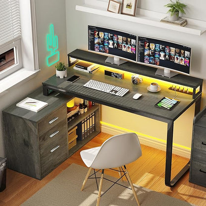 YITAHOME L Shaped Desk with Power Outlets & LED Lights & File Cabinet, 55" Corner Computer Desk with 3 Drawers and 2 Storage Shelves, Home Office Desk with Monitor Stand, Grey