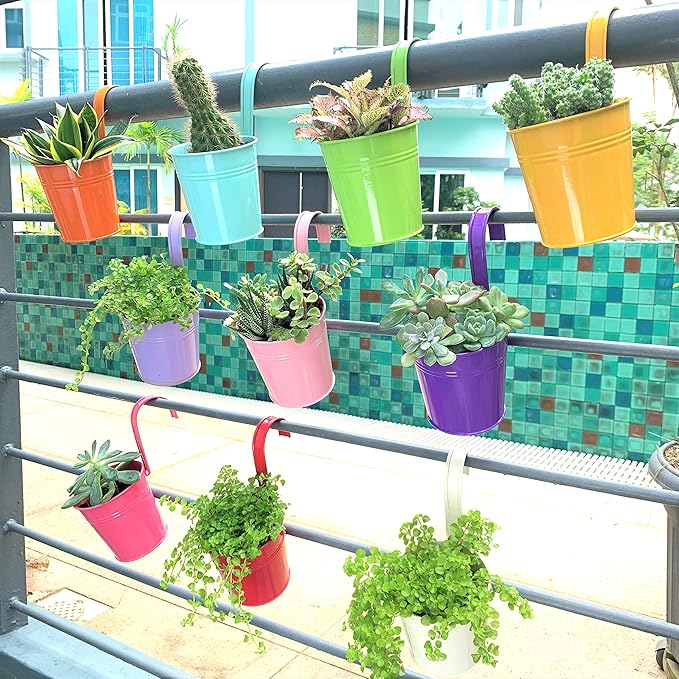 LaLaGreen Hanging Planters Outdoor -10 Pack, 6 Inch Colorful Large Metal Flower Pot, Balcony Planters Railing Hanging Herb Garden Iron Hanging Plant Buckets for Fence Rail Deck Porch Outside Wall
