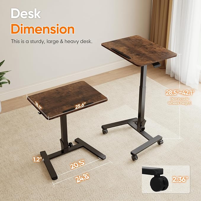 Monomi 25“ Mobile Folding Desk,Pneumatic Sit-Stand Table,No Assembly,Brown