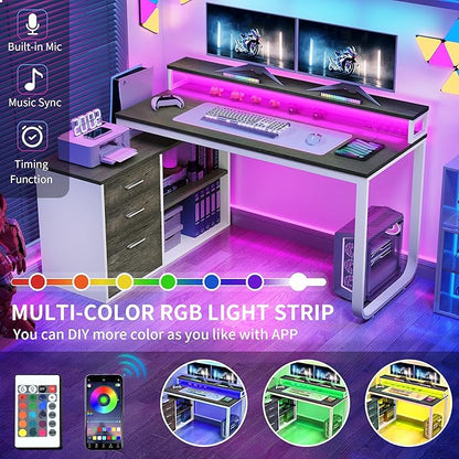 YITAHOME L Shaped Desk with Power Outlets & LED Lights & File Cabinet, 55" Corner Computer Desk with 3 Drawers & 2 Storage Shelves, Home Office Desk with Monitor Stand, White & Grey
