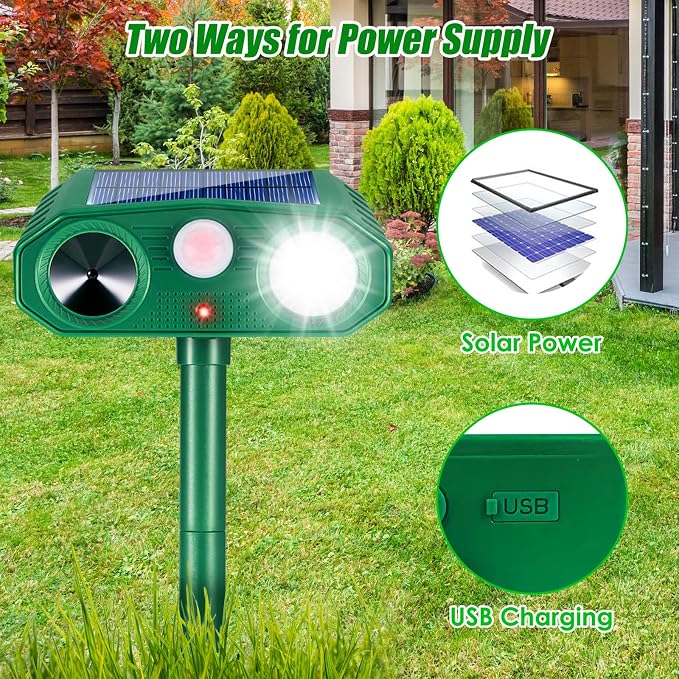 2 Pack Sonic Fortress Pro Deer Repellent Solar Animal Repellent Outdoor | Cat Repellent Outdoor with Strobe Light for Deer Rabbit Squirrel Raccoon Fox Coyote Deterrent 3modes frequency adjustment
