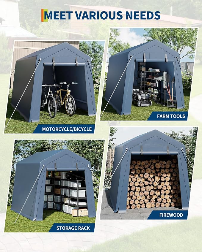 7x15 ft Outdoor Storage Shed, Portable Carport with Roll-up Ventilated Zipper Door and Windows, Heavy Duty Waterproof Tarp, Storage Sheds for Motorcycle, Bike, Firewood, Garden Tools