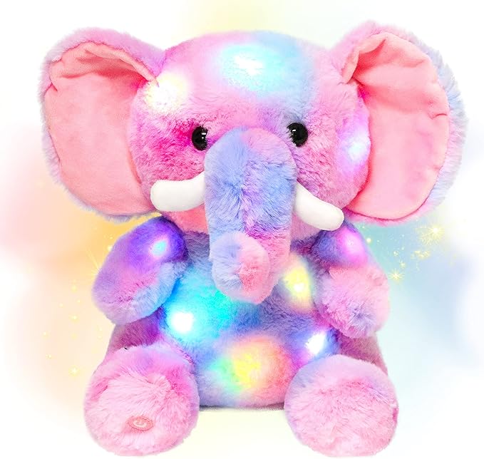 Hopearl LED Plush Elephant Colorful Lighting Up Stuffed Animal Elephish Floppy Night Lights Glow in The Dark Birthday Festival for Kids Toddler Girls, Rainbow, 11''