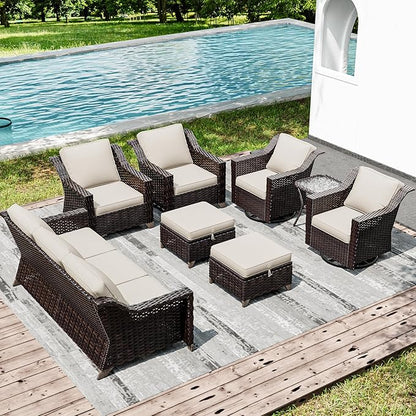 Joyside Wicker Patio Furniture Sets, 8 Pieces Upgraded Large Size Outdoor Furniture with Swivel Rocking Patio Chairs, Patio Dining Chair, 3-Seat Sofa, Outdoor Ottoman, Thick Cushions, Wide Armrest