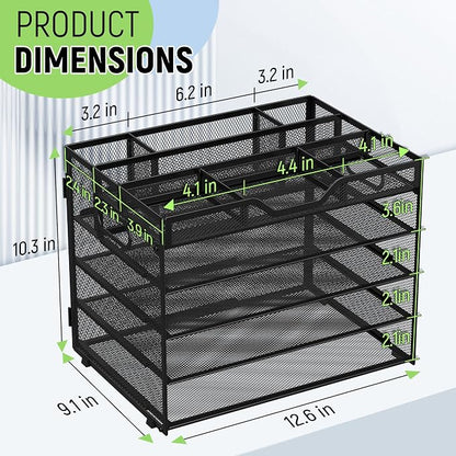 Docnest 5 Tier Mesh Desk Organizer with Removable Tray&Pen Holder, Black | Features 3 detachable pen holders and 4 removable dividers.Versatile mesh desktop storage for mail, document,office supplie