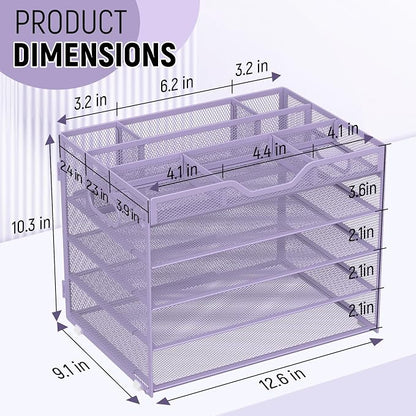 Docnest 5 Tier Mesh Desk Organizer with Removable Tray&Pen Holder, Purple | Features 3 detachable pen holders and 4 removable dividers.Versatile mesh desktop storage for mail, document,office supplie