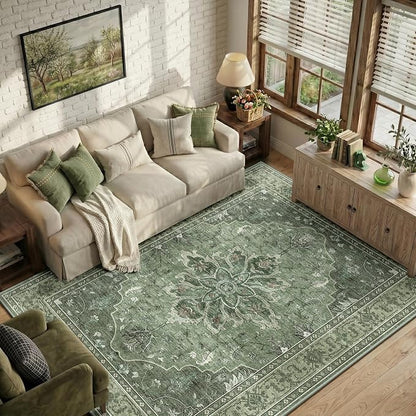 RELEANY Area Rugs 6'x9' Washable Non-Slip, Floral Vintage Distress Medallion Carpet for Living Room Bedroom Dining Room, Dark Green Gray