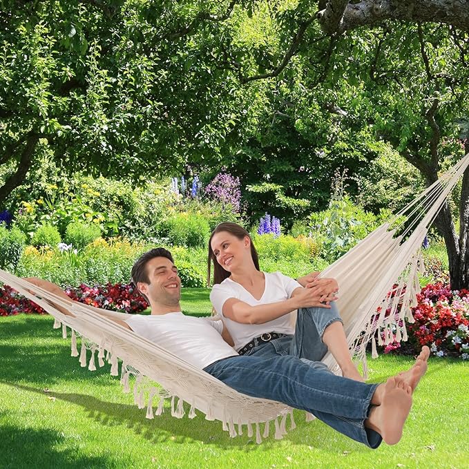 Hammock Hanging Swing Double Max 500lbs Macrame for Indoor Outdoor Patio Yard Garden (Beige)