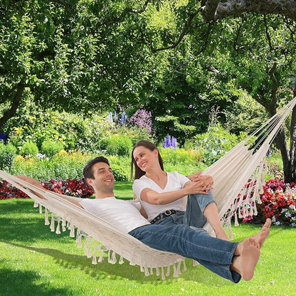 Hammock Hanging Swing Double Max 500lbs Macrame for Indoor Outdoor Patio Yard Garden (Beige)