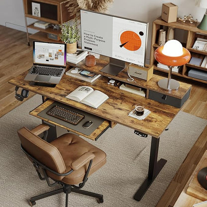Electric Standing Desk with 2 Drawers and Keyboard Tray, 63 x 24 Inches Ergonomic Adjustable Height Desk with Storage, Sit Stand up Desk Computer Workstation, Rustic Brown