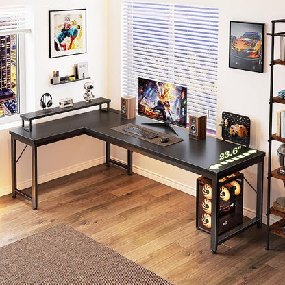 PRAISUN 61" L Shaped Computer Desk, Power Outlets, Monitor Stand, Black | USB-C Ports, Reversible Charging Station, Spacious Desktop & Legroom, 0.94 Inch Thick Desktop, for Gaming, Study & Work