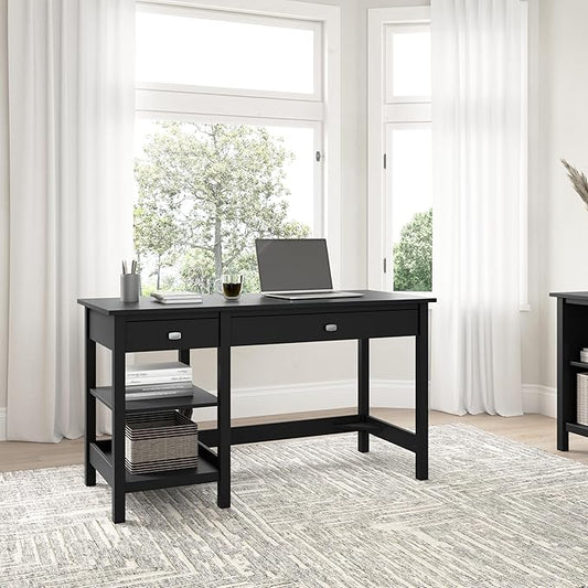 Bush Furniture Broadview 54W Computer Desk with Shelves in Classic Black| Personal Workstation Table and Storage for Home Office Workspace