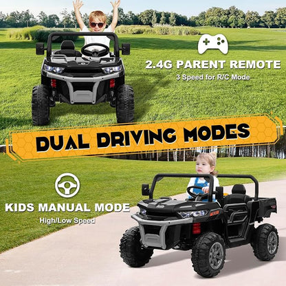 24V 4WD Ride on Car Dump Truck w/4X200W Motor, 2 Seaters, Gift Flower, 2.4G Remote Control, Bluetooth Music, LED Light, 24 Volt Ride on Toy Cars for Big Kids, Black