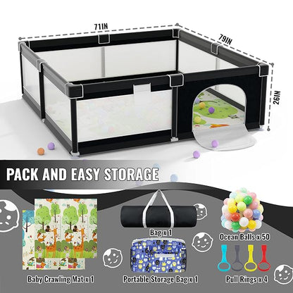LUTIKIANG Extra Large 79" x 71" Baby Playpen with Mat, Baby Gate Play Yard, Portable Toddler Playpen, Large Play Pen for Babies, Mat Included, Play Area for Babies and Toddlers (Black)