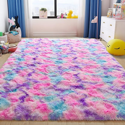Tepook Pink Blue Purple Area Rug for Girls Room, Fluffy 8x10 Cute Soft Colorful Kids Rugs for Bedroom Dorm Classroom Nursery Playroom, Fuzzy Shaggy Rainbow Princess Carpet for Toddler Home Decor