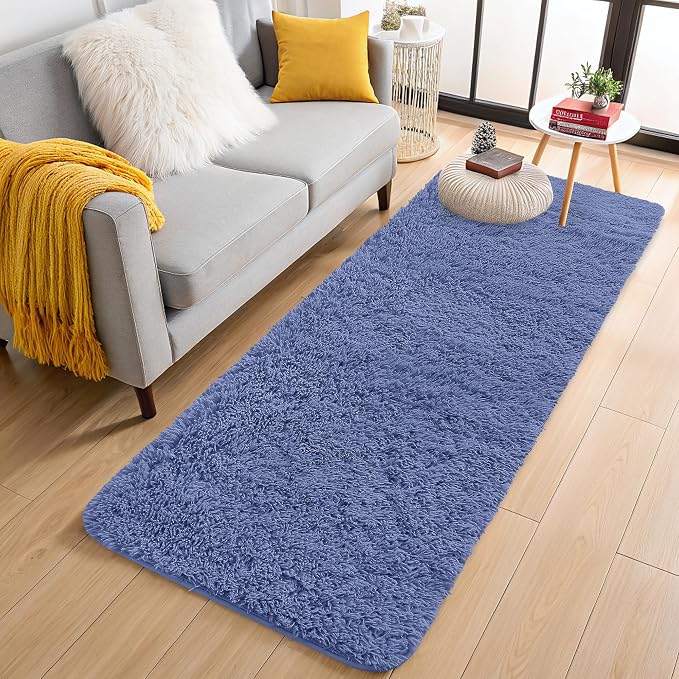 OLANLY 2x8 Machine Washable Runner Rugs for Hallway, Soft Fluffy Shaggy Bedside Rugs for Bedroom, Living Room, Indoor Floor Carpet for Kids Girls and Boys, Home Decor Aesthetic, Denim Blue