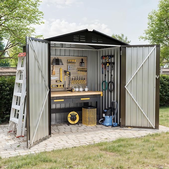6X4 FT Outdoor Storage Shed, Galvanized Steel Outdoor Storage Shed, 130 Cu Ft Weather Resistant Garden Tool Sheds with Door & Sloped Roof, Multi-Use Shed for Bikes