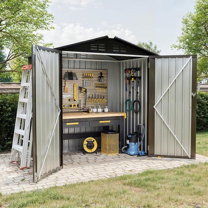 6X4 FT Outdoor Storage Shed, Galvanized Steel Outdoor Storage Shed, 130 Cu Ft Weather Resistant Garden Tool Sheds with Door & Sloped Roof, Multi-Use Shed for Bikes