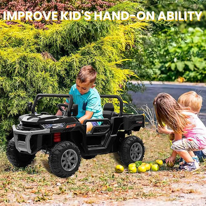 24V 4WD Ride on Truck Car w/4X200W Motor, Dump Bed, Gift Flower, 2 Seaters, Remote Control, 4 Wheeler, LED Light, Music, 24 Volt Ride on Toys for Big Kids Girls 3-8, Black