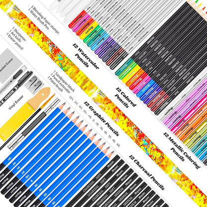 iBayam 78-Pack Drawing Set Sketching Kit Art Supplies for Adult, Christmas Gifts for Adult, with 3-Color Sketchbook, Coloring Book, Colored, Graphite, Charcoal, Watercolor & Metallic Pencil