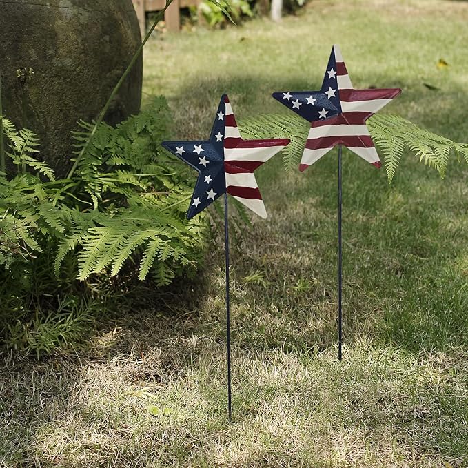 Metal Barn Stars Garden Stake Set of 6, American Flag Yard Sign USA Lawn Decoration Indoor Outdoor Patriotic Decor for July 4th Independence Day Memorial Day Party