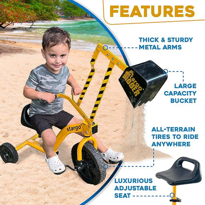 stargo Kids Excavator Sand Digger Tricycle with Pedals, Handlebar, Scooper and Rotating Wheel, Ride On Excavator Construction Toy Trike for Toddler Boy