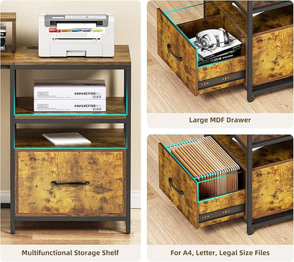 L Shaped Desk - 87" L Shaped Gaming Desk with Power Outlet & Monitor Shelf, Home Office Corner Computer Desk with Printer Shelf & File Drawer, Rustic Brown