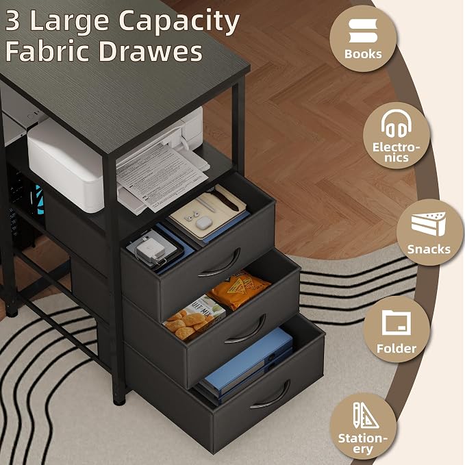 YOSHOOT 2 Person Computer Desk, 87" Long Gaming Desk for 2 People | Double Desk with 3 Fabric Drawers and 2 Power Outlets, Home Office Table for Adults and Teenagers, Black