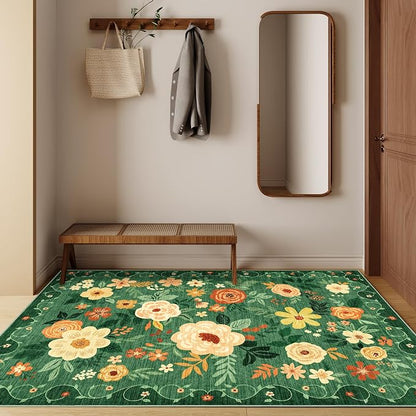 DUKINO 3x5 Area Rug, Floral Rugs for Living Room, Lightweight Non Slip Washable Rug, Indoor Low Pile & Non-Shedding Boho Design Rugs for Bedroom, Living Room, Dining Room, Dark Green