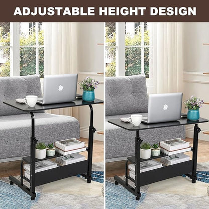 Adjustable Mobile Laptop Desk Portable Detachable Wheels Home Office Desk Height, Bedside Table Additional Storage Rack Small Spaces Veranda Office Desk Size 15.7 * 31.5 Inch Black