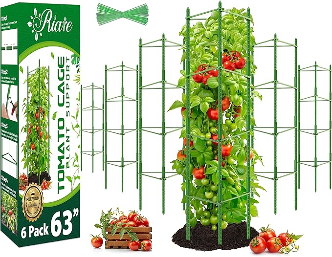 Riare 6 Pack 5.2 FT Tomato Cages for Garden- 63inches Heavy Duty Garden Stakes, Adjustable Tall Tomato Plant Support Tomato Trellis Cage for Pots, Raised Garden Bed, Climbing Vegetables Plants Flowers