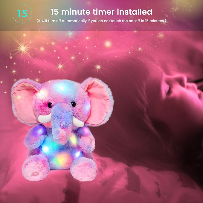 Hopearl LED Plush Elephant Colorful Lighting Up Stuffed Animal Elephish Floppy Night Lights Glow in The Dark Birthday Festival for Kids Toddler Girls, Rainbow, 11''