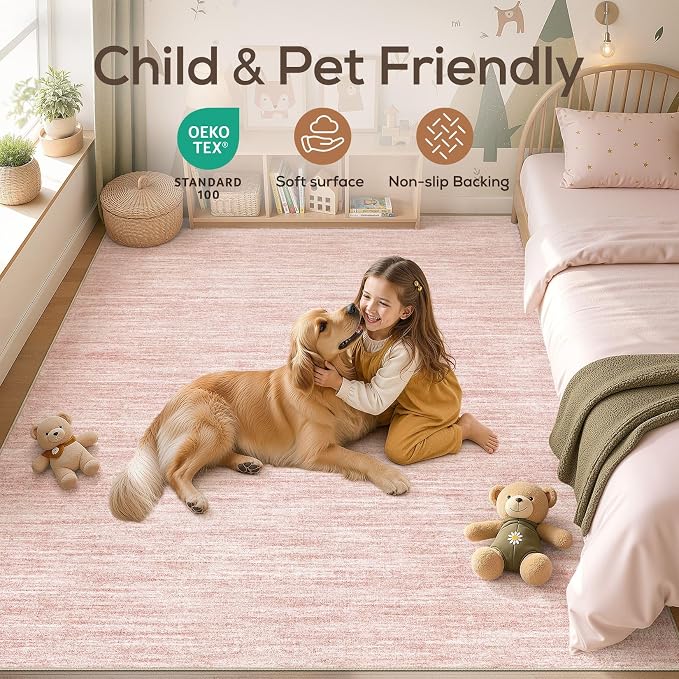 Nakagishi 10X12 Area Rugs Living Room: Washable Large Vintage Rug Neutral Non-Slip Soft Stain Resistant Indoor Carpet for Bedroom Nursery Dining Room Office Playroom - Pink