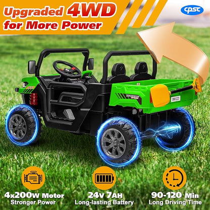 Joyracer 4WD 24 Volt Ride on Toys, 800W Ride on Truck for Kids, 2 Seater Power Car Wheels w/Dump Bed & Shovel, Ride on UTV w/Remote Control, Bluetooth, LED Lights,Green