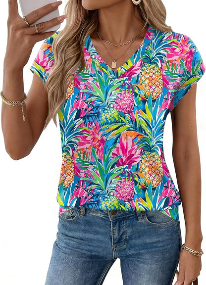 Rapbin Womens Summer Tops Women Blouses Dressy Casual V Neck T Shirts Short Sleeve Spring Tops for Women