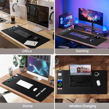 Mouse Pad with Wireless Charging, Gaming Mouse Pad with Ultra-Smooth Surface, Large XXL Desk Mat, Non-Slip Mouse Mat, Waterproof Computer Keyboard Pad for Gaming, Desk, Office, PC, 900x400x4MM, Black