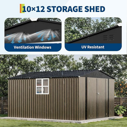 Garvee 10x12FT Metal Shed: Lockable, Windowed Steel Yard Storage, Brown. | Rust-resistant galvanized steel – withstands harsh weather for years.