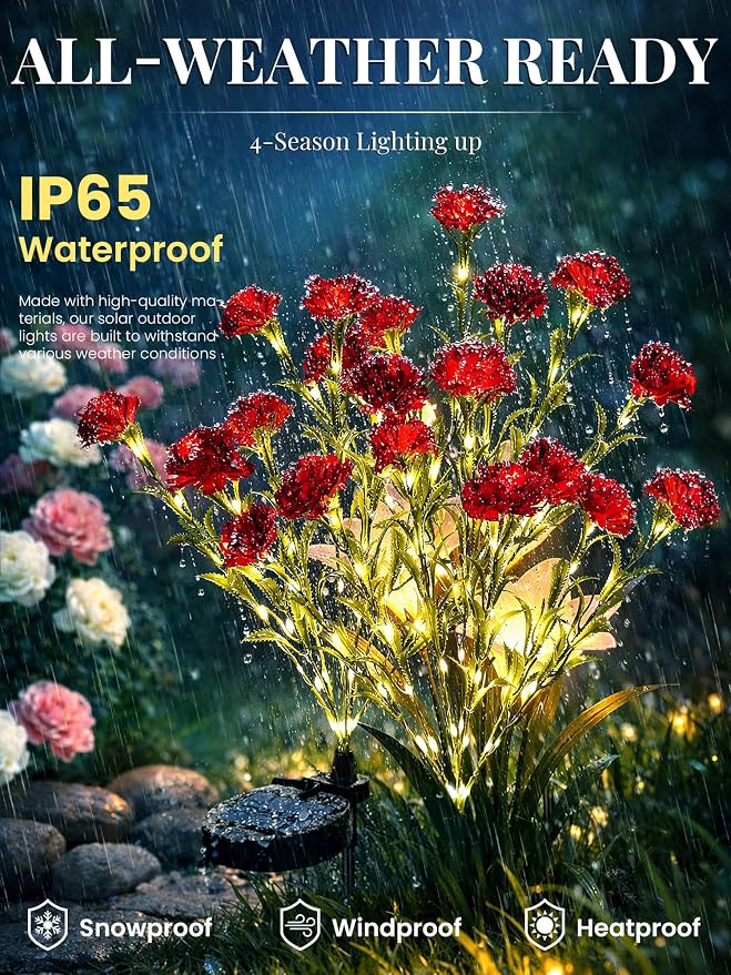 GIGALUMI Solar Lights Outdoor for Garden Decor, 4 Pack Solar Flower Lights Waterproof, 2 Lighting Modes 28 Carnations for Pathway,Yard, Patio Decoration, Gardening Gifts for Women (Red)
