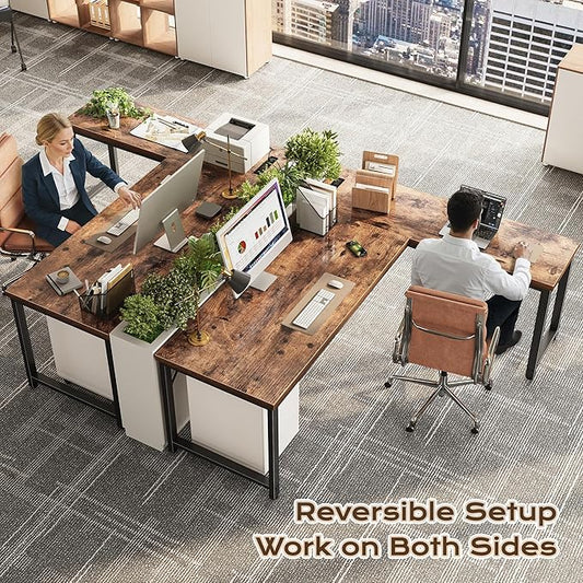 Huuger 63 Inch L Shaped Desk with Power Outlets and USB-C Port, 0.95 Inch Thicker Desktop, Reversible Computer Desk, Larger Office Corner Gaming Desk, Metal Frame, for Home Office, Study, Rustic Brown