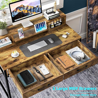 Computer Desk with Drawers, 47" Home Office Desk with Monitor Shelf, Writing Desk with Storage, Gaming Desk Work Desk Study Desk for Bedroom, Rustic Brown